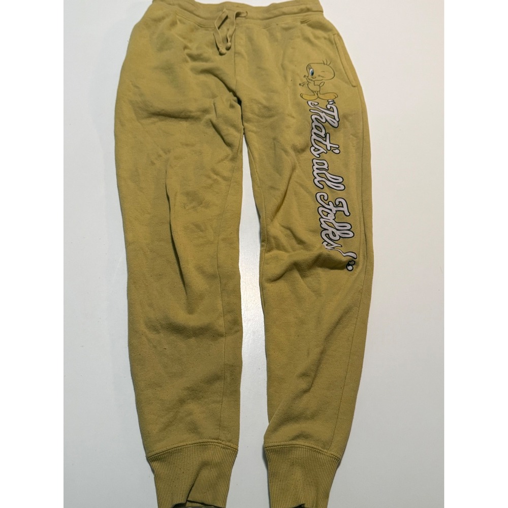 Looney Tunes Sweatpants Womens XS Yellow Tweety Bird Thats All Folks Joggers